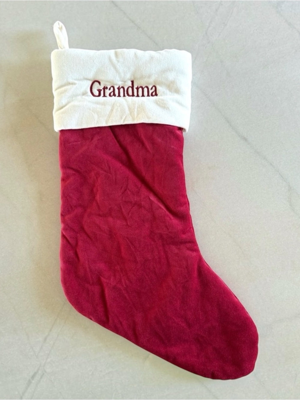 Pottery Barn Classic Velvet Christmas Stocking Red Ivory Grandma Medium